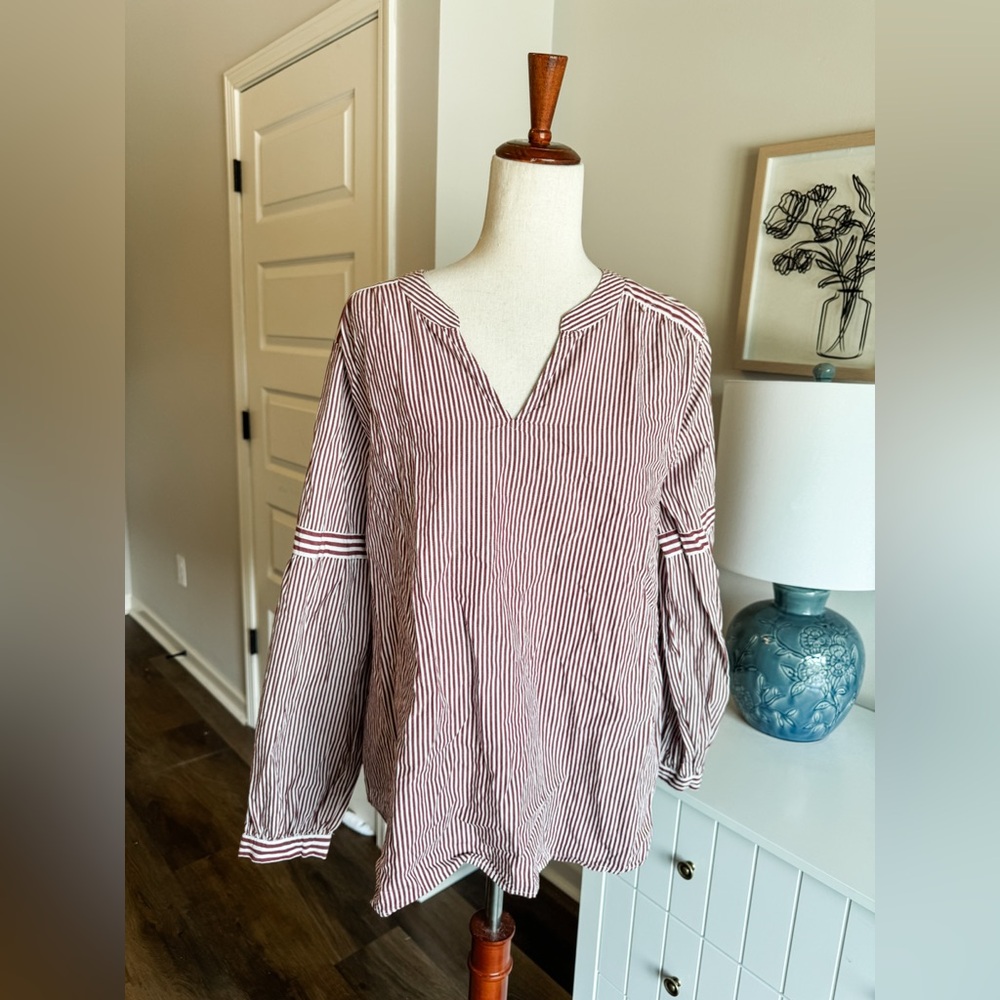 Striped V-Neck Blouse - Red and White